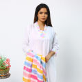 High Quality Linen Ready Made White Multi Less Three Piece For Women/Girls. 