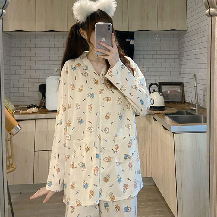 Pajamas%20Female%20Korean%20Sweet%20and%20Cute%20Net%20Red%20Long-sleeved%20Cardigan%20Girl%20Casual%20Trousers%20Home%20Clothing%20Suit%20Womens%20Pajamas%20-%20Image%204