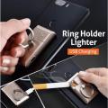 Mobile Ring Holder+USB Lighter 2 in 1 Rechargeable Flameless Ring Lighter Windproof Metal Finger Grip 360 Degree Rotation.