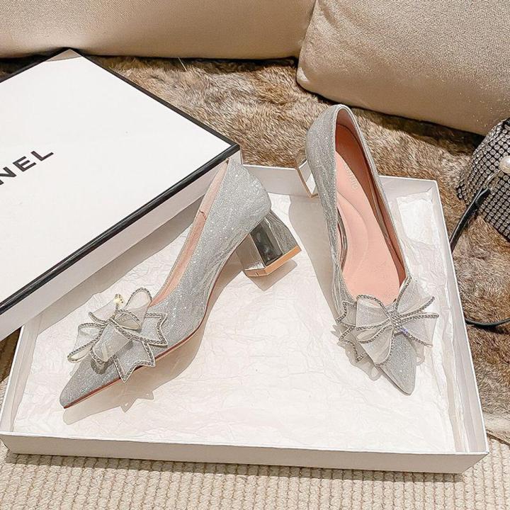 Party Shoes Chunky Heel Crystal Shoes Wedding Shoes Hexiu Wedding Dress Two-Way Wear Middle Heel Bridesmaid Shoes Pregnant Women Can Wear