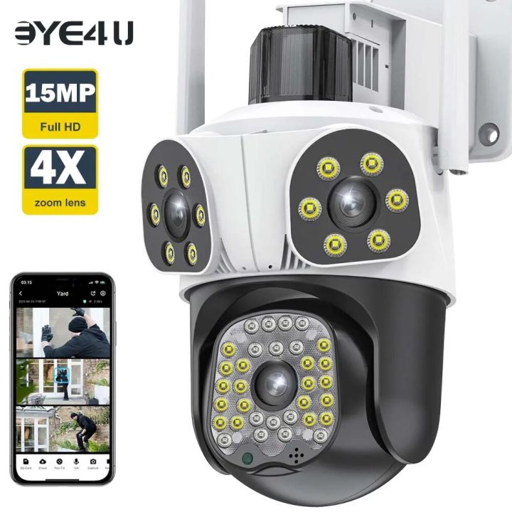 15MP 8K WiFi Camera Three Lens Screens 4X Zoom Auto Tracking Outdoor PTZ Video Camera Security Protection 360° View Surveillance