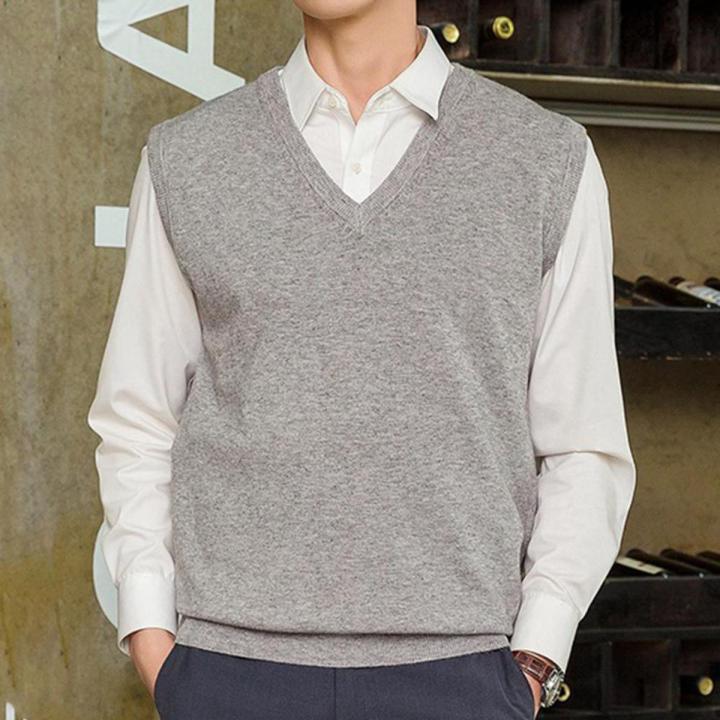 Sweater Vest Men Sleeveless Loose Warm Solid Color V-neck Pullover Waistcoat