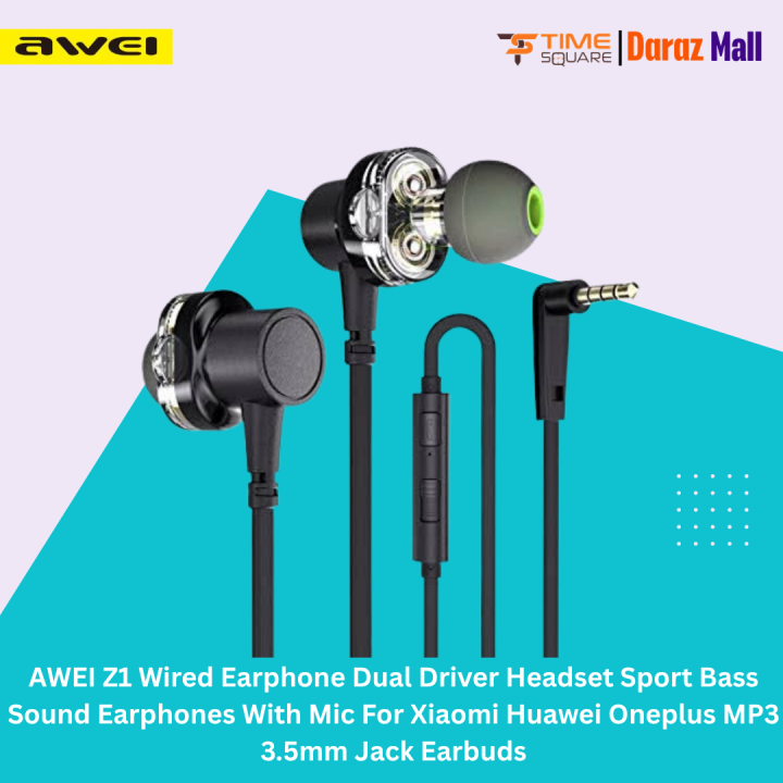 AWEI Z1 Wired Earphone Dual Driver Headset Sport Bass Sound Earphones With Mic For Xiaomi Huawei Oneplus MP3 3.5mm Jack Earbuds