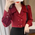 119 Red Shirt Women's Spring Clothes 2022 New Elegant Double Breasted Puff Sleeve Business Shirt Retro Hong Kong Style Top. 