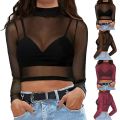 Transparent Mesh Tops Women Blouse T Shirt See Through Long Sleeve Sheer Slim Turtleneck Shirts Crop Tops for Women Tunics.