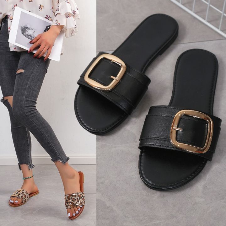 2023%20cross-border%20plus%20size%20slippers%20women's%20summer%20new%20leopard%20print%20round%20toe%20belt%20buckle%20straight%20flat%20bottom%20simple%20casual%20flippers%20-%20Image%203