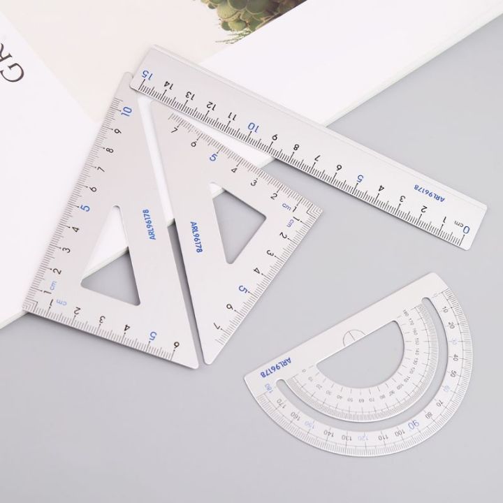 4Pcs Drawing School Supplies Set Square Triangle Ruler Aluminum Alloy Protractor