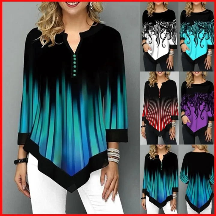 Spring%20Summer%20Irregular%20Print%203/4%20Sleeve%20T-Shirts%20Women%20Clothing%20Fashion%20Casual%20Tops%20Plus%20Size%20Loose%20Pullovers%20Tee%20Shirt%20Femme%20-%20Image%204