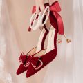 French Xiuhe Wedding Dress Two-Way Wedding Shoes Summer Women's Bridal Shoes Stiletto Toe Box Sandals Women's Pearl Red High Heels.