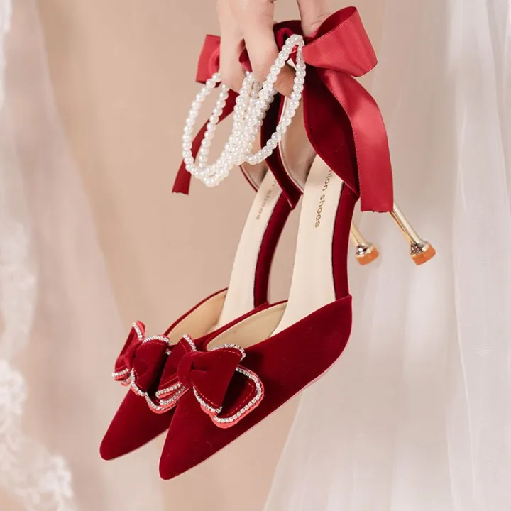 French%20Xiuhe%20Wedding%20Dress%20Two-Way%20Wedding%20Shoes%20Summer%20Women's%20Bridal%20Shoes%20Stiletto%20Toe%20Box%20Sandals%20Women's%20Pearl%20Red%20High%20Heels%20-%20Image%203