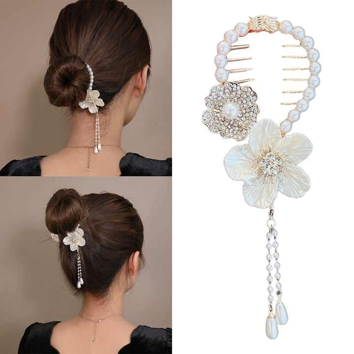 Camellia Tassel Hair Clip Pearl Ponytail Clip Fixed Hair Claw Barrettes Hairpin NOVO