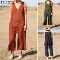ZANZEA Women Summer Cotton Linen Sleeveless Jumpsuit Loose Casual V Neck Solid Playsuit. 