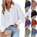 Women's Clothing Lantern Sleeve Pleated Solid Standing Collar Loose Shirt Long-Sleeved For Women Top. 