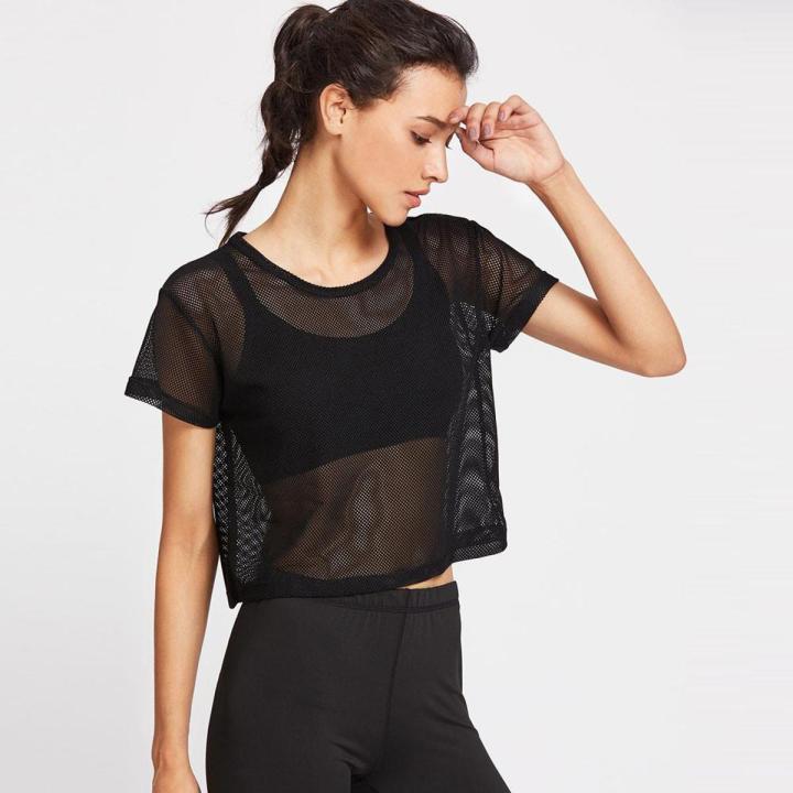Women Black Mesh Cover Up Sports Meshed Top Dancing Fitness Shirt Tops
