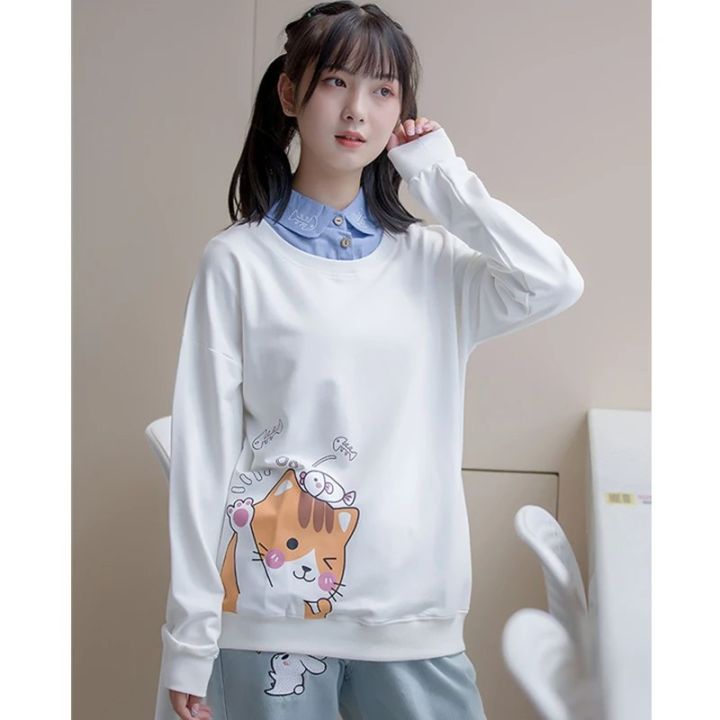 Cat Print Sweatshirt Cartoon Graphic  Long Sleeve Pullover Top Women [Only Sweatshirts]