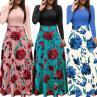 Women O Neck Long Short Sleeve Floral Print Large Hem Waist Tight Maxi Dress. 