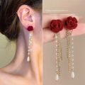Red Flower Simulated-pearl Long Tassel Dangle Earrings for Women.