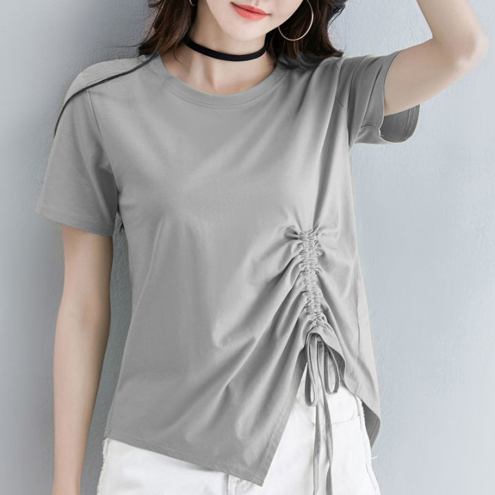 Short%20Sleeve%20T%20T-shirt%20Women's%20New%20Summer%20Korean%20Style%20Split%20Drawstring%20Irregular%20Versatile%20Split%20Loose%20Design%20Top%20ins%20-%20Image%209