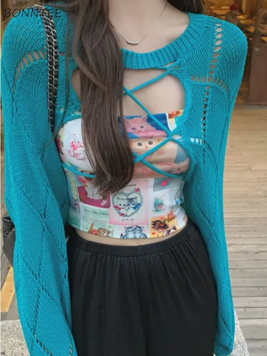 Shrugs%20Women%20Pure%20Simple%20All-match%20Crop%20Spring%20Personality%20Korean%20Style%20Lace-up%20Design%20Retro%20Sweater%20Hot%20Girls%20Chic%20Casual%20-%20Image%203