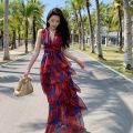 Single hell freezia kewei, same printed dress tall waist niche beach holiday dresses. 
