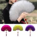 Folding Feather Fan Exquisite Champagne Fan with Tassels Elegant Handheld Feather Fan for Luxurious Events Photo Prop Fan.