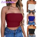 Amamia Women Solid Color Strapless Cropped Mini Bustier Slim Elastic Tube Top. 