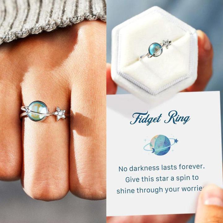 Fidget Rotating Ring Moonstone Star Moon Rhinestone Spinner Ring Adjustable Open Anxiety Stress Relief Ring Gifts For Women Men