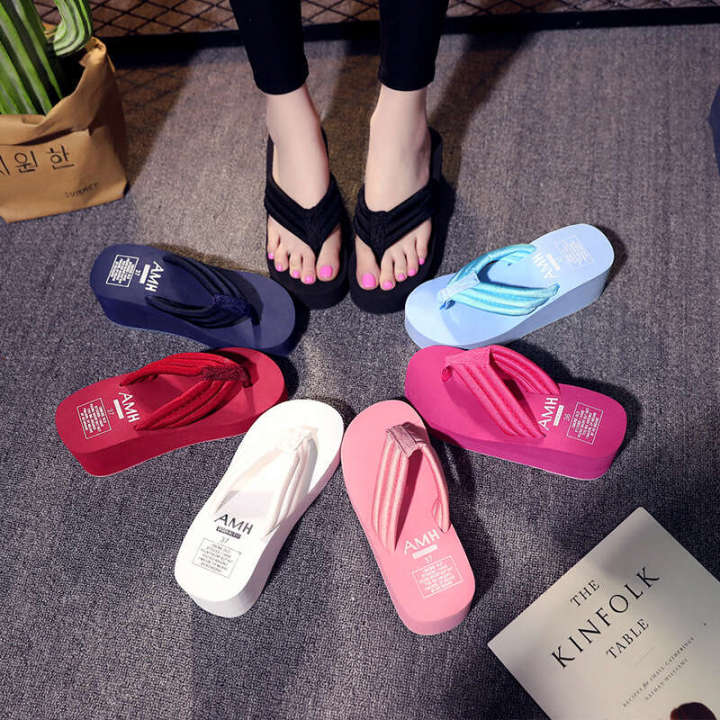 AMH flip flops summer, new thick soled beach shoes for women in South Korea, fashionable anti slip fabric strap DIY sandals