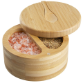 1Set Seasoning Box with Swivel Lid Bamboo Salt Cellar 2-Compartment Salt Pepper Bowls Wood Color +Lid and Spoon. 