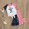 Independence Day Little Girls Outfit, Short Sleeve Round Collar Cow Head Printing Tie Up Tops + Splicing Bell-bottomed Pants. 