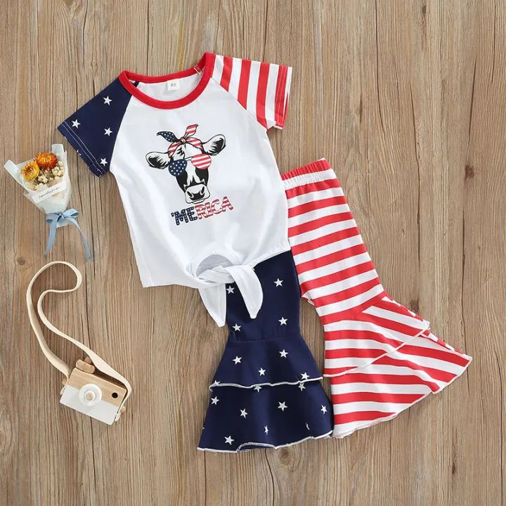 Independence%20Day%20Little%20Girls%20Outfit,%20Short%20Sleeve%20Round%20Collar%20Cow%20Head%20Printing%20Tie%20Up%20Tops%20+%20Splicing%20Bell-bottomed%20Pants%20-%20Image%205