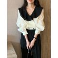Korean Style Contrast Color Double Doll Collar Shirt Women's Spring New Pleated Chiffon Shirt Top. 