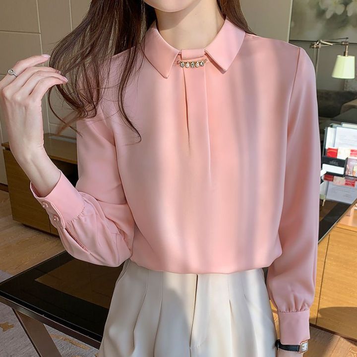Pink Shirt Women's Long Sleeve Spring New Korean Style Western Style Design Sense Niche Fashion High-End Satin Top