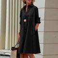 Women Simple Shirt Dress Summer Vintage Elegant Solid Pocket Long Sleeves Midi Dresses Female Turn-down Collar Dresses Vestidos. 