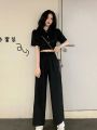 Summer Two Pieces Set Women Summer Korean Short Sleeve Shirt Female Black Casual Sets Suit Black Blouse Wide Leg Pants Suit 2XL.