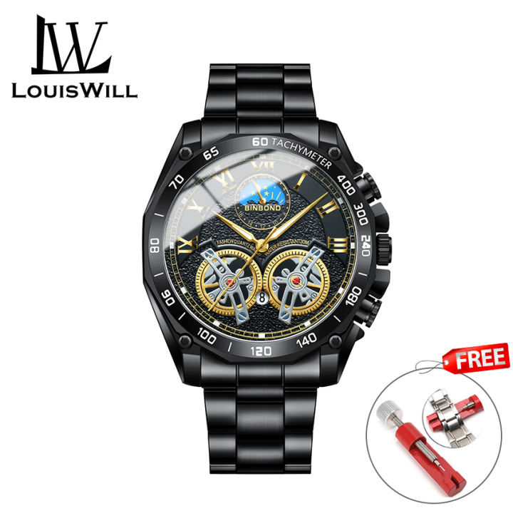 LouisWill Men's Watch Double Tourbillon Hollow Calendar Watch Luminous Watch Steel Band Watch Men's Fashion Steel Watches 30M Waterproof Wristwatches  Watches For Men With Free Box