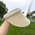 Topless Hat Big Brim Straw Hat Summer Sun Protection New Rivet Pearl Sun Hat Female Sun Protection UV Half Empty Top. 