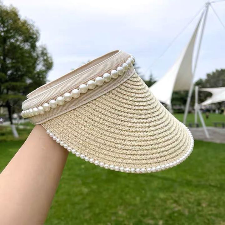 Topless%20Hat%20Big%20Brim%20Straw%20Hat%20Summer%20Sun%20Protection%20New%20Rivet%20Pearl%20Sun%20Hat%20Female%20Sun%20Protection%20UV%20Half%20Empty%20Top%20-%20Image%202