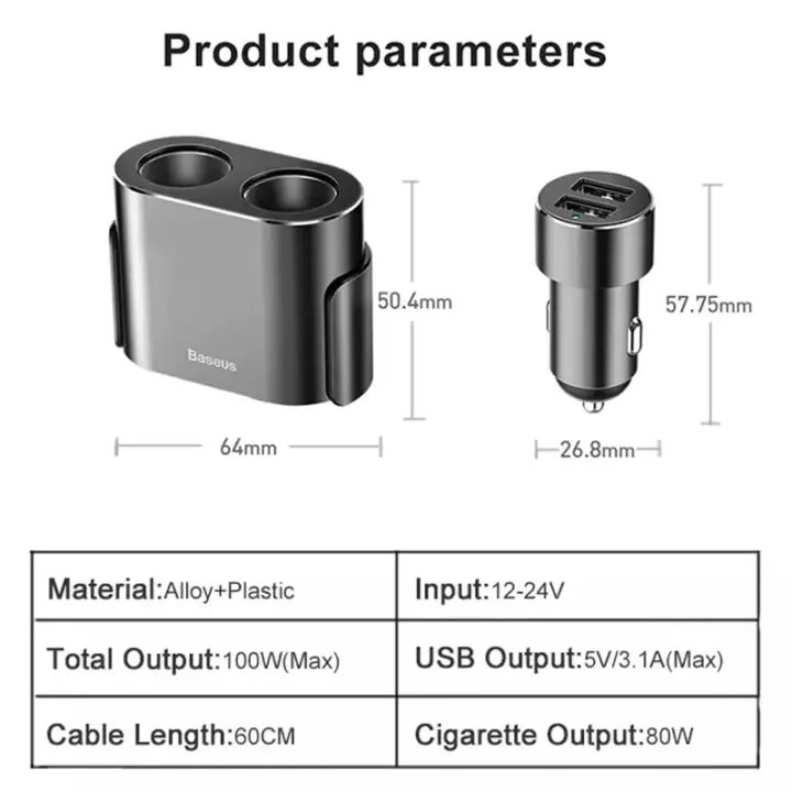 BASEUS%203.1A%20Dual%20USB%20Smart%20Extended%20Car%20Charger%20with%2080W%20Dual%20Ports%20Cigarette%20Lighter%20Socket%20-%20Image%208