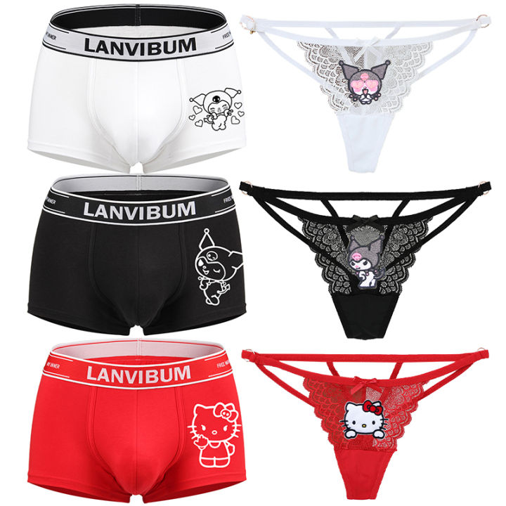 Cute Couple Underwear Hello Kitty Women Thong Ultra Thin Thin Thin Belt with Hollowed Out Lace Men Square Corner Pants Girl