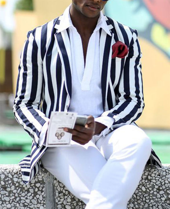 Mens Blazer Fashion Casual Black White Striped Notch Lapel Slim Fit Blazer Blazer Business Suit Jacket Men's Elegant Blazer