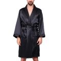 Men Nightgown Long Sleeve Robe Large Size Black Bathrobe Comfortable Sleepwear Imitation Silk with Pockets Waist Belt Home Gown. 