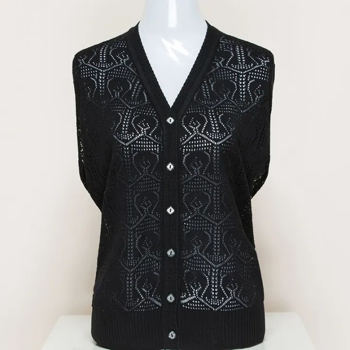 Middle-Aged%20and%20Elderly%20Women's%20Clothing%20Spring,%20Autumn%20and%20Summer%20Wear%20Mother's%20Clothing%20Thin%20Mesh%20Shirt%20Hollow%20outVCollar%20Sweater%20Blouse%20Sweater%20Coat%20Cardigan%20-%20Image%204