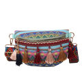 Women Folk Style Waist Bag with Adjustable Strap, Variegated Color Fanny Pack with Fringe Decor, Khaki/ Blue/ Yellow. 