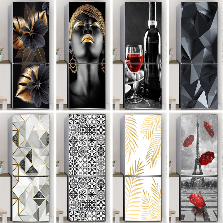 Black Gold Refrigerator Door Sticker Self Adhesive Waterproof 3D Wallpaper Fridge Door Wrap Mural Cover Home Room Kitchen Decor
