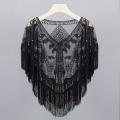 Women 1920s Sequined Shawl with Tassels Beaded Pearl Fringe Solid Color Sheer Mesh Wraps Gatsby Flapper Bolero Cape Cover Up. 