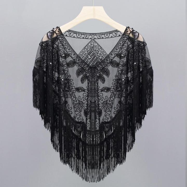 Women%201920s%20Sequined%20Shawl%20with%20Tassels%20Beaded%20Pearl%20Fringe%20Solid%20Color%20Sheer%20Mesh%20Wraps%20Gatsby%20Flapper%20Bolero%20Cape%20Cover%20Up%20-%20Image%204