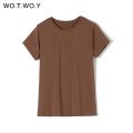 WOTWOY 2023 Summer Casual Solid Slim Fit T-shirts Women Cotton Basic T Shirt Female Knitted Tops Y2k Clothes Korean Fashion Tees. 