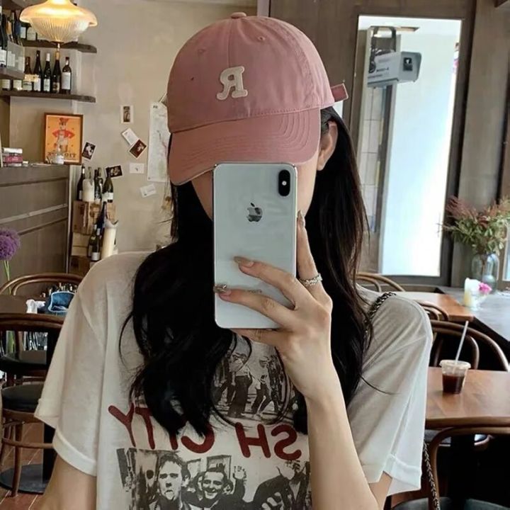 High%20Quality%20White%20Pink%20Baseball%20Cap%20Female%20Korean%20Rose%20Powder%20Cap%20Small%20Face%20Streetwear%20Embroidery%20Letter%20R%20Hat%20Basket%20Homme%20-%20Image%204