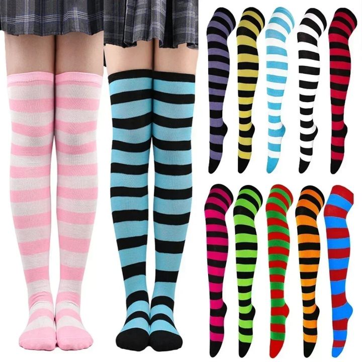 Trendy Women High Stockings Anime Stripe Socks Leg Warmth Over Knee Thigh Soft Dance Socks Ladies Preppy Cosplay Long Stocking